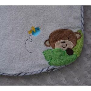 Monkey Baby Blanket Blue Bird Cream Tan Striped Edge Green Leaf Security Lovey